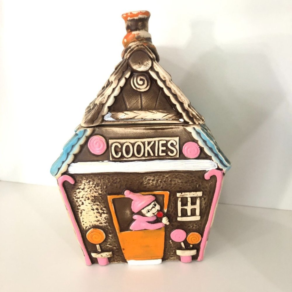 Vintage Cookie Jar Gingerbread House Lollipop Mogi Nagoya Japan Adorable Folk
